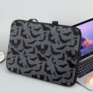 Gothic Bat Gray Black Laptop Sleeve with Handles, Gothic Laptop Sleeve with Bats, Goth Laptop Sleeve, Spooky Bat Laptop Sleeve