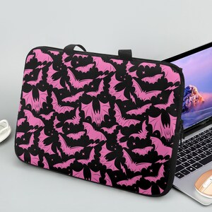 Gothic Bat Black and Pink Laptop Sleeve with Handles, Gothic Laptop Sleeve with Bats, Pastel Goth Laptop Sleeve, Kawaii Goth Tech Sleeve