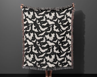 Gothic Bats Woven Blanket, Halloween Decor, USA Made