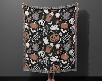 Halloween Woven Blanket, Spooky Skeletons, Skulls, Gothic Bedding