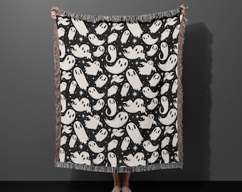 Cute Halloween Ghost Woven Throw Blanket, Black & White Cute Paranormal Woven Blanket, Spooky Kawaii Ghost Home Decor, Spooky Season Gift