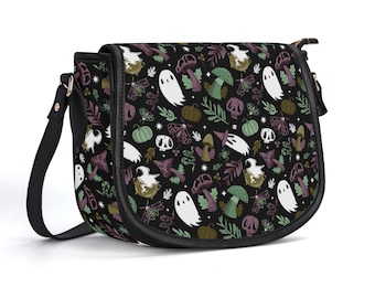 Witchy Ghost Skull Motif Mushroom Saddle Bag, Enchanted Woodland Occult Moth Purse, Moody Cauldron Witch Forest Mushroomcore Saddle Purse