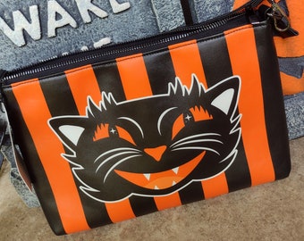 Spooky Halloween Black Cat Stripes Crossbody Purse, Faux Leather Gothic Bag, Alt Goth Accessory