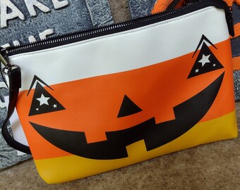 Halloween Purse, Faux Leather Halloween Purse, Halloween Crossbody, Candy Corn Jack-O-Lantern Face Purse, Candy Corn Crossbody