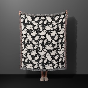 Cute Halloween Black White Ghosts Woven Throw Blanket Paranormal Ghost Woven Throw Blanket Spooky Cute Kawaii Ghost Woven Throw Blanket