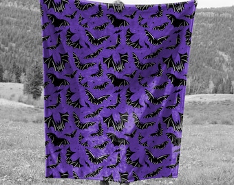 Spooky Gothic Bats Blanket, Gothic Bat Faux Sherpa Blanket, Bat Minky Blanket, Goth Black and Purple Bats Blanket, Bat Faux Sherpa Blanket
