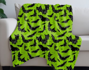 Spooky Gothic Bats Blanket, Gothic Bat Faux Sherpa Blanket, Bat Minky Blanket, Goth Black and Green Bats Blanket, Bat Faux Sherpa Blanket