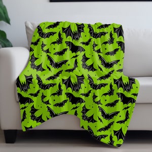 Spooky Gothic Bats Blanket, Gothic Bat Faux Sherpa Blanket, Bat Minky Blanket, Goth Black and Green Bats Blanket, Bat Faux Sherpa Blanket