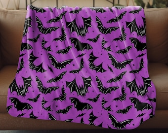 Spooky Gothic Bats Blanket, Gothic Bat Faux Sherpa Blanket, Bat Minky Blanket, Goth Black and Orchid Bats Blanket, Bat Faux Sherpa Blanket