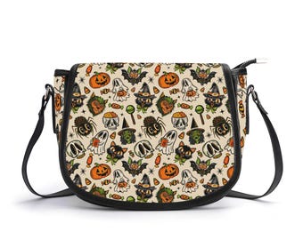 Spooky Pumpkin Witch Black Cat Halloween Saddle Purse, Ghost Skull Bat Creepy Halloween Bag