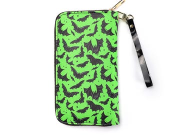 Spooky Gothic Halloween Bat Wallet with Wrist Strap, Gothic Bat Wallet Wristlet, Spooky Halloween Black Green Bat Pocketbook, Bat Wallet