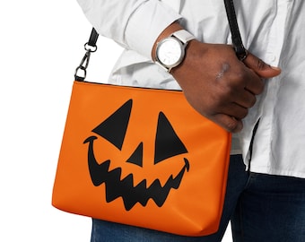Pumpkin Jack-O-Lantern Face Spooky Halloween Crossbody Bag, Creepy Fall Shoulder Clutch Wristlet Purse