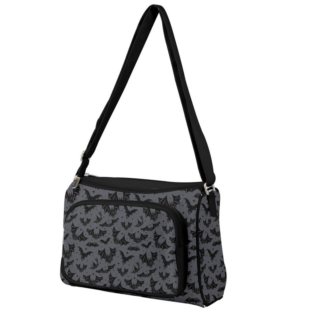 Gray and Black Gothic Bats Crossbody Purse, Gothic Bat Handbag