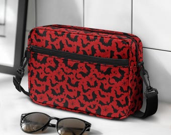 Red Bat Print Shoulder Bag, Gothic Halloween Purse