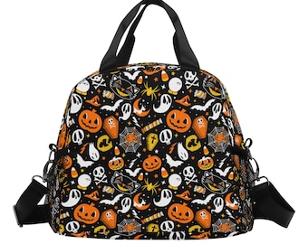 Spooky Halloween Lunch Bag Tote, Witch Hat Skulls Pattern