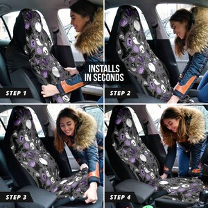May include: A car seat cover with a Halloween theme is being installed. The cover features a pattern of ghosts, witch hats, cauldrons, and pumpkins in white and purple on a gray background. The text "INSTALLS IN SECONDS" is visible.