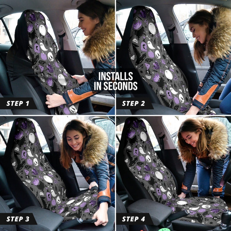 May include: A car seat cover with a Halloween theme is being installed. The cover features a pattern of ghosts, witch hats, cauldrons, and pumpkins in white and purple on a gray background. The text "INSTALLS IN SECONDS" is visible.