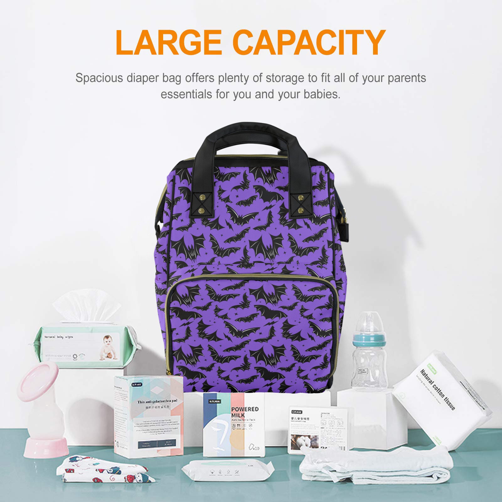 Halloween spooky themed bats diaper bag Gothic Bat Print Diaper Bag Backpack, Spooky Halloween  main image 3