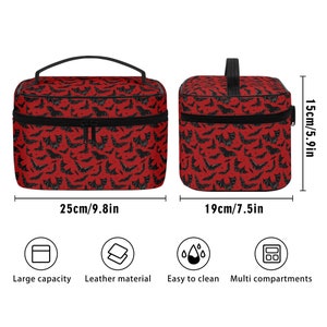 May include: Two red and black makeup bags with a bat pattern. The larger bag is 9.8 inches wide and 5.9 inches tall. The smaller bag is 7.5 inches wide and 5.9 inches tall.