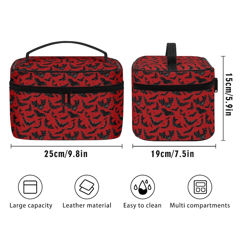 May include: Two red and black makeup bags with a bat pattern. The larger bag is 9.8 inches wide and 5.9 inches tall. The smaller bag is 7.5 inches wide and 5.9 inches tall.