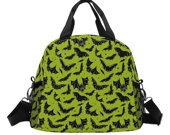 Green Black Bat Lunch Bag, Gothic Bat Lunch Tote, Gothic Lunch Bag, Gothic Lunch Tote, Halloween Lunch Bag, Spooky Goth Bat Lunch Bag Tote