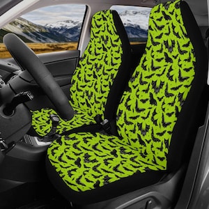 Green Black Halloween Gothic Bat Car Seat Covers, Dark Aesthetic Auto Accessories, Creepy & Spooky Car Decor, Halloween Spooky Auto Interior