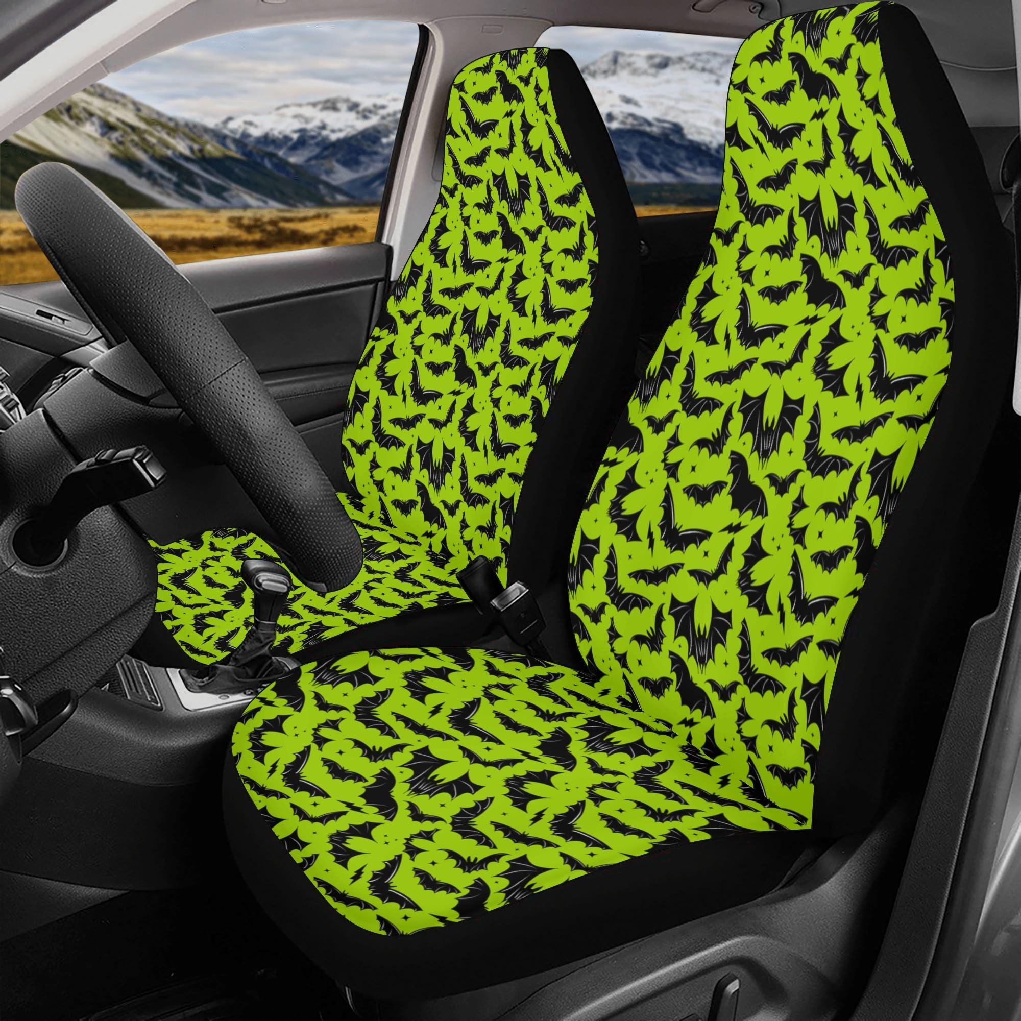 Green Black Halloween Gothic Bat Car Seat Covers, Dark Aesthetic Auto Accessories, Creepy & Spooky Car Decor, Halloween Spooky Auto Interior