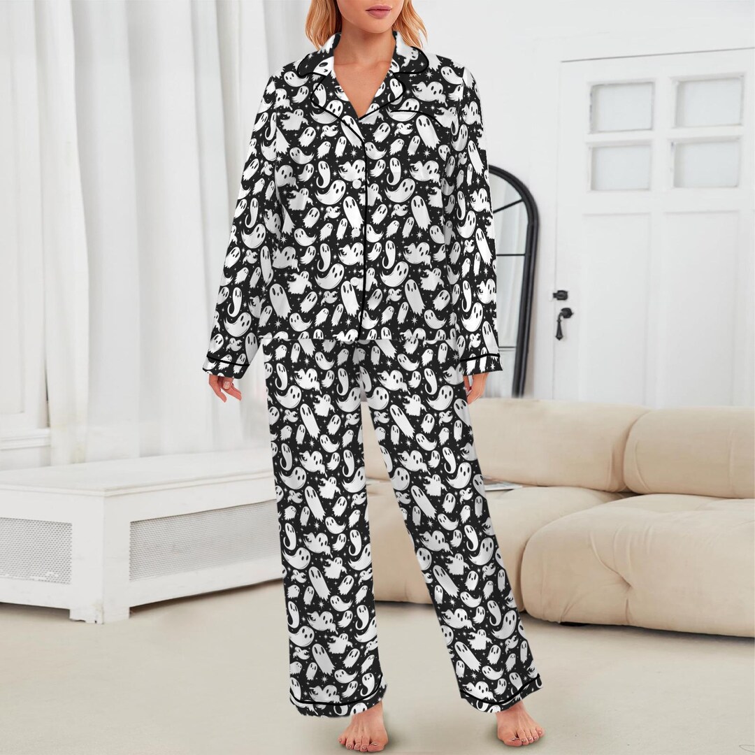 Ghost Sleep Robe Halloween Ghost Satin Pajamas, Spooky Season Pjs, Ghostie Paranormal ...