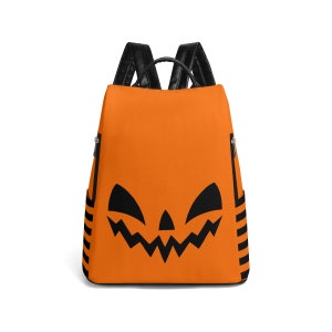 Halloween Pumpkin Jack-o-Lantern Face Stripe Travel Backpack Bag, Spooky Halloween Backpack, Cute Pumpkin Face Halloween Travel Backpack Bag