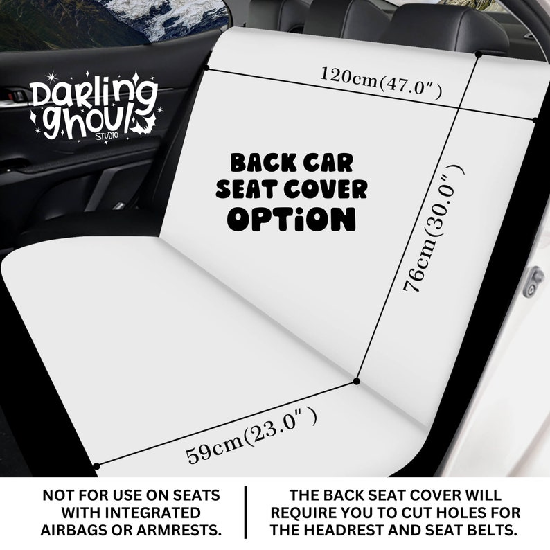 K&ouml;nnte beinhalten: Wei&szlig;e R&uuml;cksitzbezug f&uuml;r Autos mit schwarzem Text, der "BACK CAR SEAT COVER OPTION" lautet. Der Bezug misst 120 cm in der Breite, 76 cm in der H&ouml;he und 59 cm in der Tiefe. Der Text "NOT FOR USE ON SEATS WITH INTEGRATED AIRBAGS OR ARMRESTS." befindet sich in der linken unteren Ecke. Der Text "THE BACK SEAT COVER WILL REQUIRE YOU TO CUT HOLES FOR THE HEADREST AND SEAT BELTS." befindet sich in der rechten unteren Ecke.