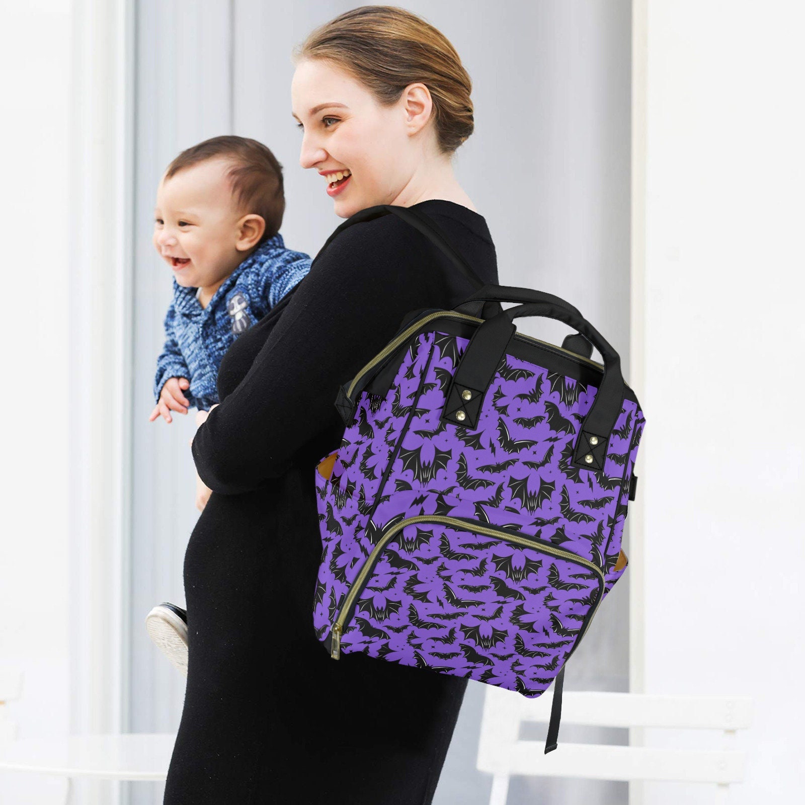 Gothic Bat Print Diaper Bag Backpack, Spooky Halloween  display picture 2