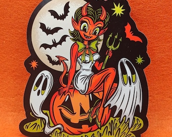 Spooky Pinup Devil Bats Vinyl Sticker, Ghost Pumpkin Tablet Laptop E-Reader Decal, Halloween Car Mug Tumbler Sticker