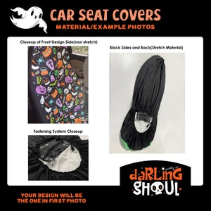 May include: Car seat covers with a Halloween-themed design. The front design features a pattern of ghosts, pumpkins, and other spooky elements. The back and sides are black. The image also shows the fastening system. Text on the image says "CAR SEAT COVERS".