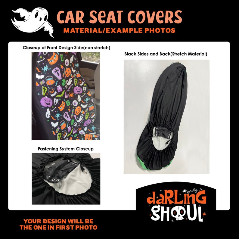 May include: Car seat covers with a Halloween-themed design. The front design features a pattern of ghosts, pumpkins, and other spooky elements. The back and sides are black. The image also shows the fastening system. Text on the image says "CAR SEAT COVERS".