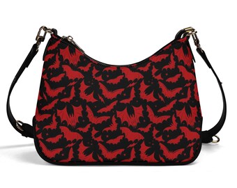 Gothic Bat Print Purse, Faux Leather Halloween Bag