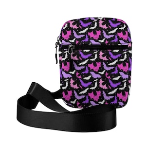 Gothic Bat Crossbody Purse, Purple Black Gothic Halloween Purse, Goth Accessory Crossbody Purse, Spooky Witchy Pastel Goth Bat Crossbody Bag
