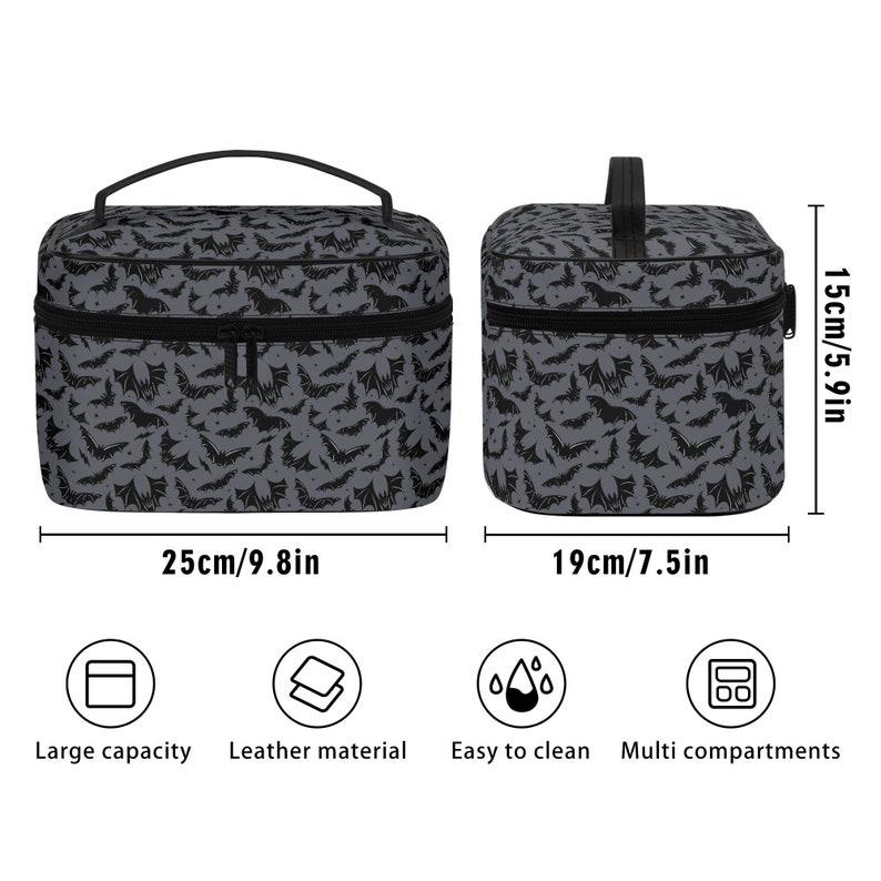 May include: Two black and gray zippered cosmetic bags with a bat pattern. The larger bag measures 9.8 inches wide and 5.9 inches tall. The smaller bag measures 7.5 inches wide and 5.9 inches tall.