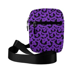 Gothic Bat Crossbody Purse, Purple Black Gothic Halloween Purse, Goth Accessory Crossbody Purse, Spooky Witchy Goth Bats Crossbody Bag