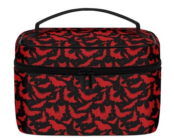 Dark Aesthetic Red and Black Bat Print Makeup Case - Gothic Style Cosmetic Travel Bag for Spooky Makeup Lovers - Unique Batcore Accessory