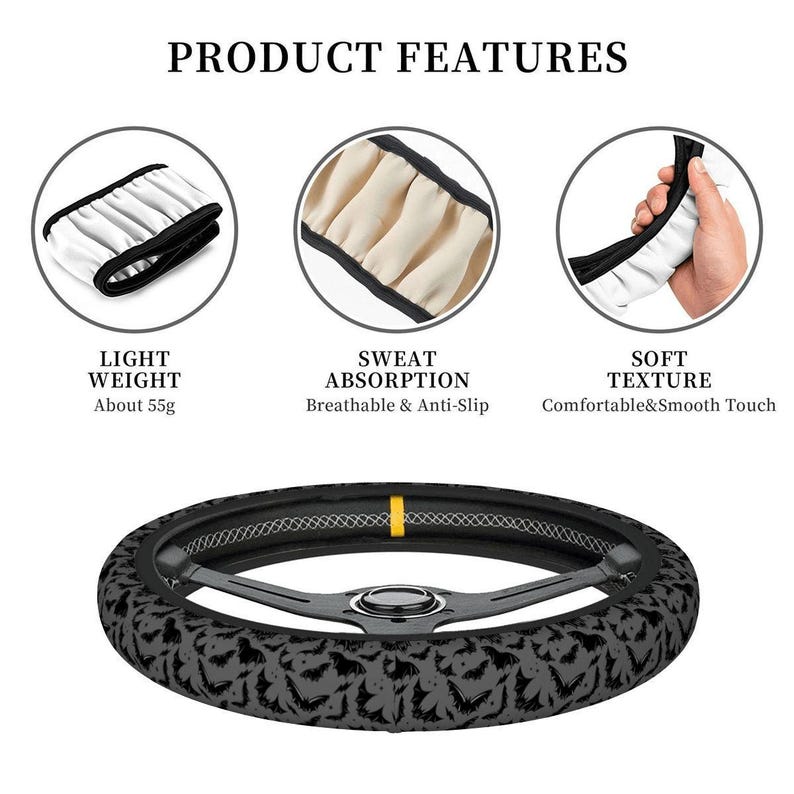 Funda gótica para volante con forma de murciélago, accesorio de neopreno con diseño de murciélago espeluznante para coche, decoración alternativa para vehículos. imagen 7