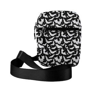 Gothic Bat Crossbody Purse, Black and White Gothic Halloween Purse, Goth Accessory Crossbody Purse, Spooky Witchy Goth Bats Crossbody Bag