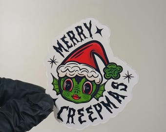 Merry Creepmas Sea Creature Santa Sticker Decal | Creepmas Goth Christmas Sticker | Spooky Holiday Decal | Cute Santa Creature Sticker Gift