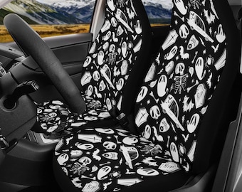 Gothic Halloween Car Seat Covers, Spooky Ghost Hearse Skeleton Auto Seat Protector, Universal Fit Horror Funerary Witchy Aesthetic Cars