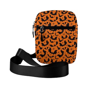 Gothic Bat Crossbody Purse, Orange Black Gothic Halloween Purse, Goth Accessory Crossbody Purse, Spooky Witchy Goth Bats Crossbody Bag