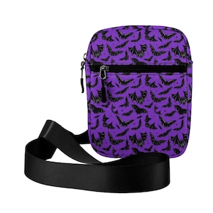 Gothic Bat Crossbody Purse, Purple Black Gothic Halloween Purse, Goth Accessory Crossbody Purse, Spooky Witchy Goth Bats Crossbody Bag