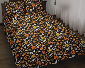 Halloween Quilted Bed Set, Halloween Bedding, Spooky Quilted Bed Set, Gothic Quilted Bed Set, Halloween Bed Set