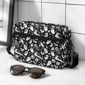 Halloween Gothic Skull Hearse Ghost Purse, Black White Gothic Purse, Spooky Hearse Purse Bag, Spooky Bag, Goth Gothic Shoulder Bag
