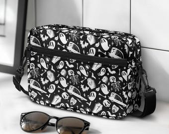 Gothic Halloween Shoulder Bag, Skull Hearse Ghost Print