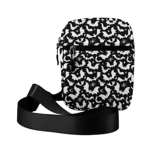 Gothic Bat Crossbody Purse, Black and White Gothic Halloween Purse, Goth Accessory Crossbody Purse, Spooky Witchy Goth Bats Crossbody Bag
