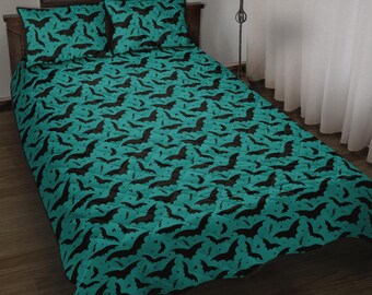 Bats and Stars Quilted Bed Set, Halloween Quilt, Halloween Bedding, Spooky Quilted Bed Set, Gothic Bedding, Bat Quilted Bedding